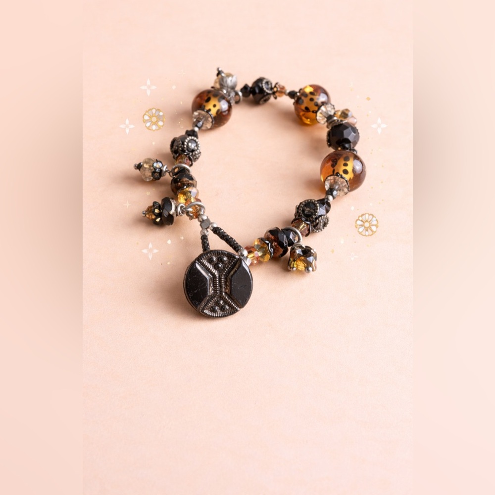 Beaded Amber & Black Pendant Necklace - Women Jewelry